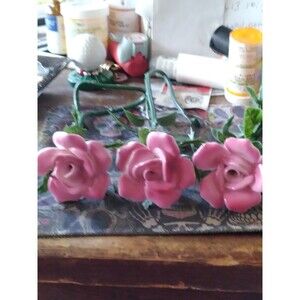 Lot of 3 Vintage Porcelain Flowers With Plastic Stems Pink Made in Japan